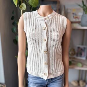 Sanctuary Pointelle Shell Sweater Vest Knit Button Front Cotton Ivory SZ Medium
